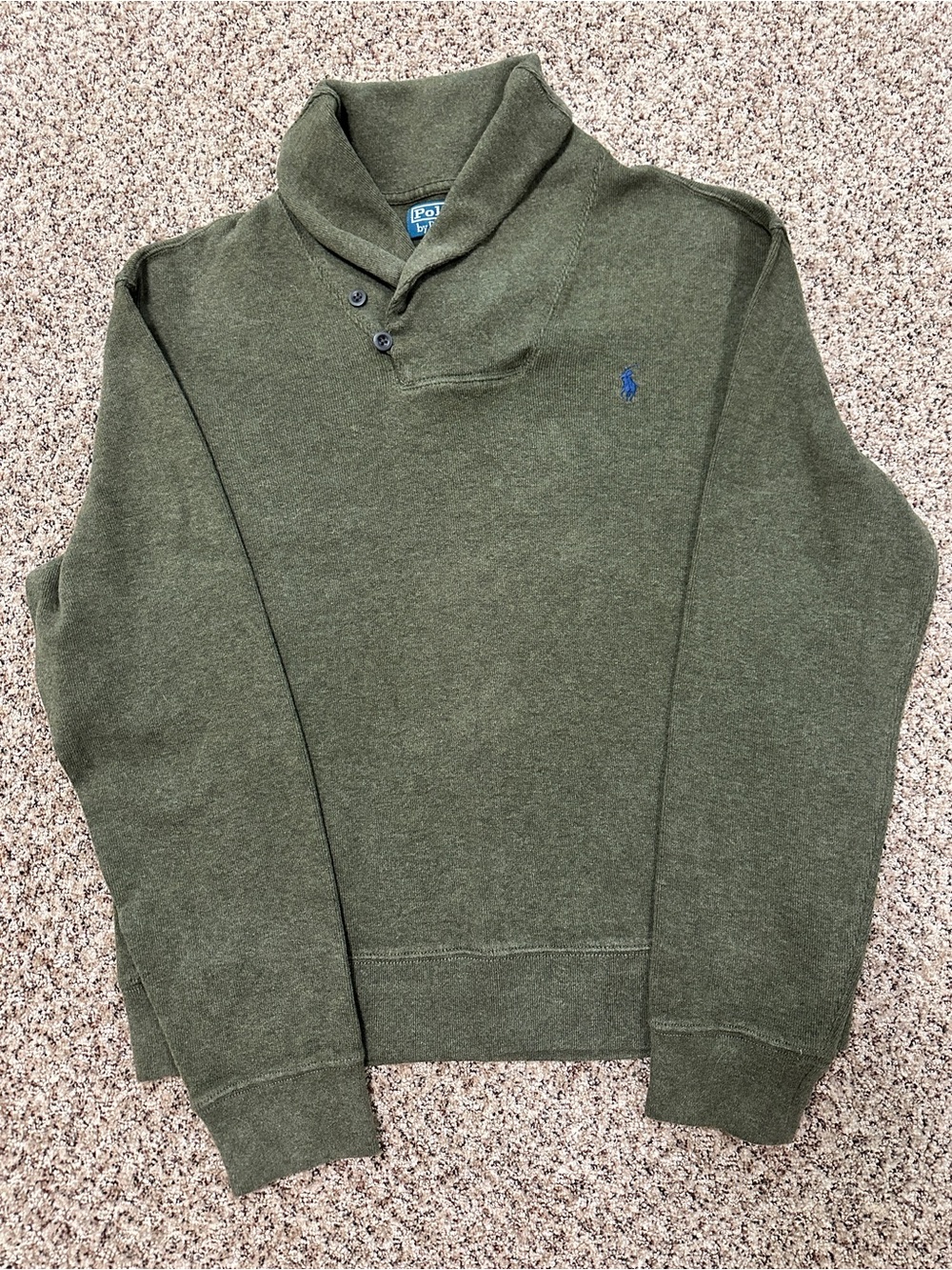 Ralph Lauren Olive Green Shawl Collar Pullover Sweater with Blue Polo Logo